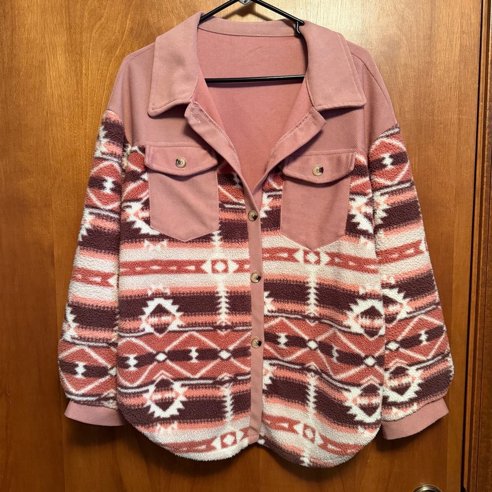 Pink Aztec Sherpa Button Up Long Sleeve Shacket Womens Medium